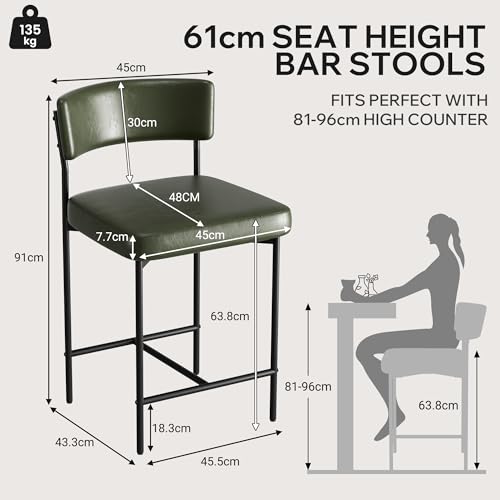 Image of Bar Stools, Faux Leather Counter Height Barstools with Curved Back, 25 Inch Upholstered Bar Chairs, Modern Counter Stools for Kitchen lsland, Green