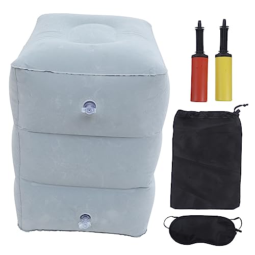 STOBOK Inflatable Foot Rest Airplane Travel Essentials 4pcs Set Adjustable 3-layer Gray Footstool, Air Pump, Storage Bag, and Eye Mask for Flight Comfort Random Color