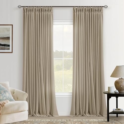 Image of Light Brown Pinch Pleated Semi Sheer Linen Rustic Curtains 96 Inch Long | Farmhouse Cottage, Light Filtering Privacy, Living Room Bedroom Dining Room, Burlap Textured, Hook Rings Memory Shape, Camel