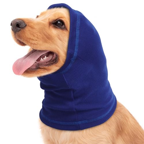 Image of BRKURLEG Dog Calming Hoodie, Dog Ear Muffs for Noise Protection, Pet Anxiety Relief Head Cover and Ears Protector, Dogs Ear Wrap for Grooming Bath and Drying, Blue,M