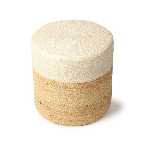 Image of Habere India-All the Cultures Fabricating India Ottomans for Living Room | pouffe Stool | Ottoman Stool | Jute pouffes for Sitting - White, Round (M: Dia40xH41 cm)