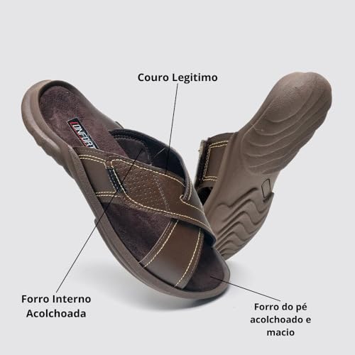 Chinelo Masculino Slide Em Couro Marrom Confortável E Macio Casual e Esportivo (Marrom, BR, Adulto,