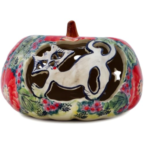 Authentic Polish Pottery Jack O Lantern Candle Holder Signature UNIKAT in Crimson Blooms Design Handmade in Boles?awiec Poland by Ceramika Nina + Certificate of Authenticity