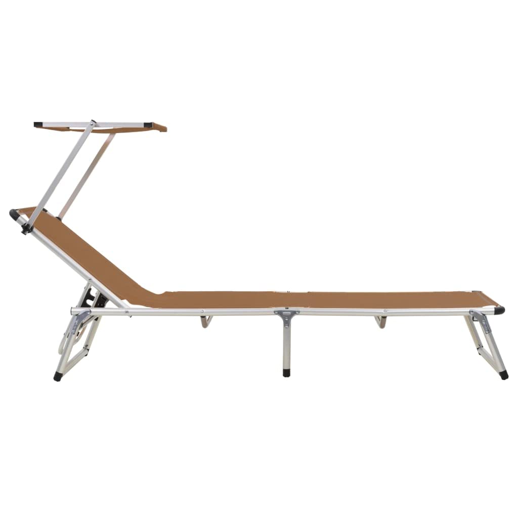 Klappbare Sonnenliegen mit Dach 2 STK braun Aluminium Textilene 186x58x75-105 cm verstellbar faltbar für Garten Balkon Terrasse entspannte Erholung