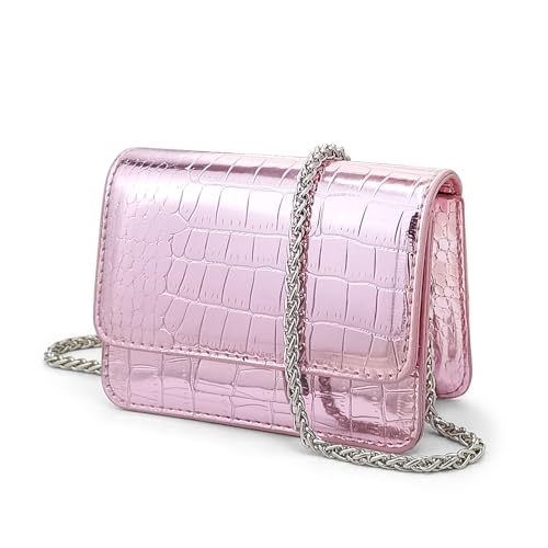 Novadex Mini Pink Metallic Purse for Women Small Croc Crossbody Bag with Chain Strap Perfect for Night Parties & Evening Outfits