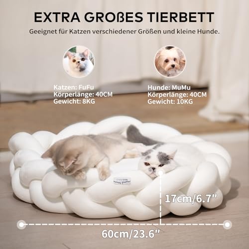 CheerPals Großes Katzenbett 60cm, Waschbar Geflochtenes Kuschelhöhle, Hundebett mit Hochelastischer Schlafkissen für Alle Katze und Kleine Hunde