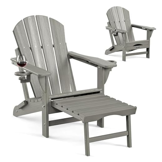 Ciokea Folding Adirondack Chair Fire Pit Chair Patio Adirondack Chair Weather Resistant with 2 Cup Holder Adirondack Retractable Ottoman （Grey）