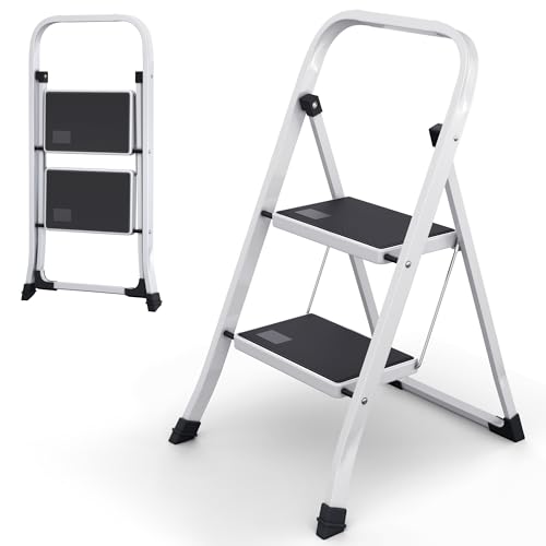 Lifetime Home Step Ladder with Wide Anti-Slip Platform & Thick Rubber Feet - Heavy Duty Foldable & Portable - 330 lbs Capacity, Steel Frame, Rubber Handgrip, Folding Step Stool - 2-Step White