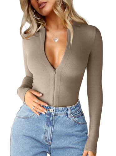 CSDAJIO Women's Casual Zip Up Long Sleeve Ribbed Top Basic Fall T-Shirt Fitted Knit Crop Tops Tight Undershirt