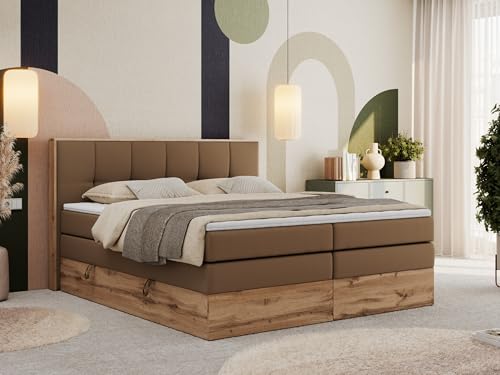MKS MEBLE Boxspringbett 200x200 mit Bettkasten Holz Holzrahmen, Boxbett 200x200 mit Matratze H3 und Kopfteil - Braun Kunstleder - Albero-1 King MKS MEBLE Boxspringbett 200x200 mit Bettkasten Holz Holzrahmen, Boxbett 200x200 mit Matratze H3 und Kopfteil - Braun Kunstleder - Albero-1 King
