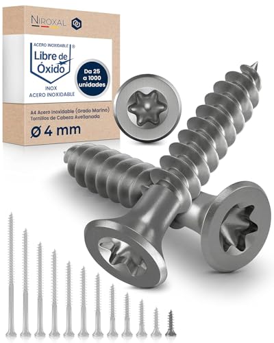 Tornillos para madera de acero inoxidable A2 cabeza avellanada Torx TX20 – Rosca completa – 4 x 16 mm – 100 unidades – Tornillos universales para madera