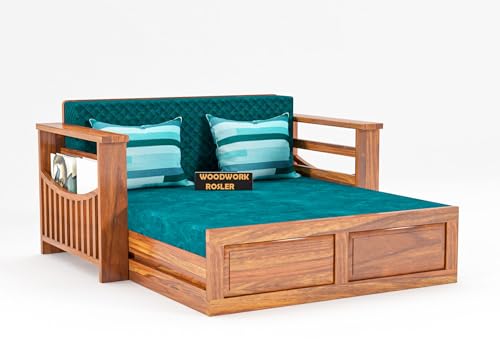 Image of Solid Sheesham Wooden Sofa Cums Bed with Mattresses for Living Room | Rosewood 2 Seater Sofa Cums Bed for Bedroom Without Pillow (D-Natural Finish)