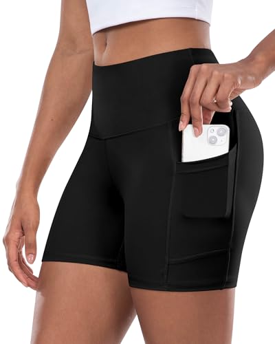 CHRLEISURE Womens Biker Yoga Shorts with Pocket, High Waisted Tummy Control 5 Inch Workout Spandex Athletic Gym Shorts