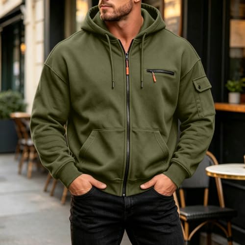 Mens Full Zip Utility Hoodie Chest Zip Sleeve Pocket Casual Travel Jacket - image 2