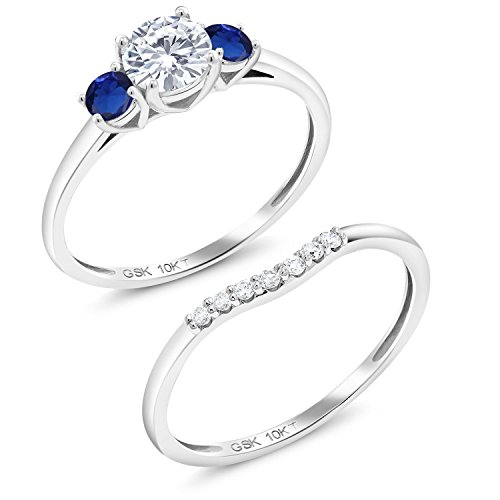 Gem Stone King 10K White Gold Moissanite and Blue Created Sapphire and Lab Grown Diamond 3-Stone Bridal Engagement Wedding Ring Set For Women (0.83 Cttw, 5MM, Available in Size 5,6,7,8,9)2