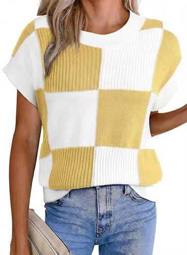 Image of EVALESS Short Sleeve Sweater for Women Crewneck Color Block Knit Tops 2026 Summer Trendy Cap Sleeve Sweater Vest