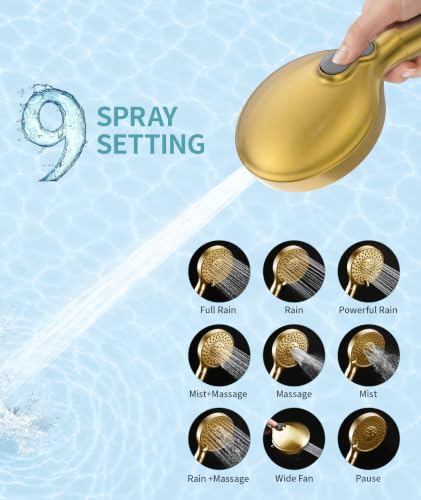 Image of SR SUN RISE Filtered Shower Head with Handheld High Pressure 9 Spray Mode Showerhead Detachable Shower Head Water Softener Filters 1 Filter Brushed Gold