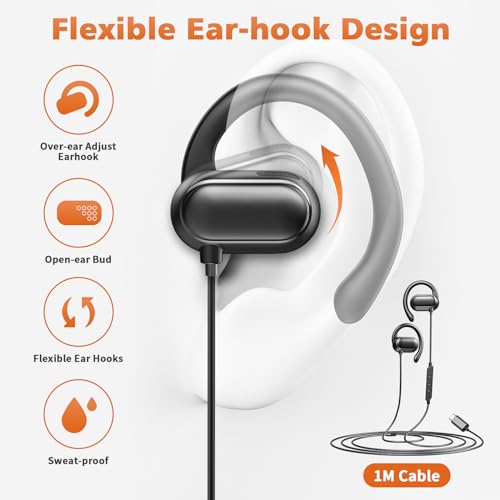 Image of ACANDYA USB C Earbuds Wired Over Ear Headphone Open Ear Sport Headset Black | Type USB C Headphones Earphones with Mic Volume Control Rotatable Earhook for iPhone 17 16 Pro 15 for Google Pixel 11 Pro 8 7