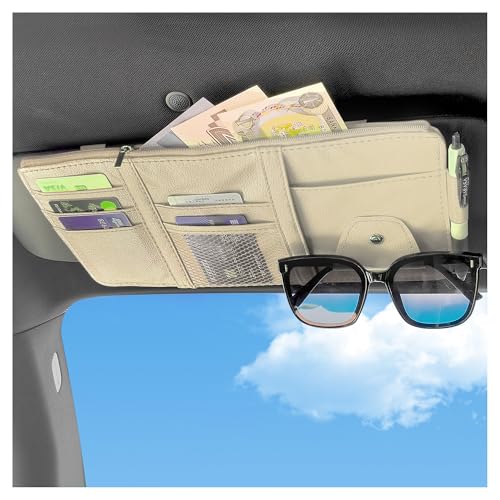 Image of Car Visor Organizer with Sunglass Holder,Multi-Functional Car Sun Visor Organizer with Zipper for Cards,Money,Tickets,Leather Interior Accessories (Beige)