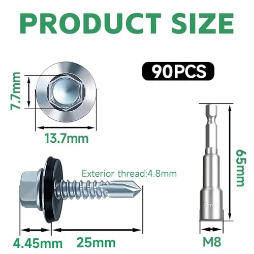 4.8x25 mm Self-Drilling Roofing Screws, 90 pcs Hex Head Self Tapping Screws, Hex Head Self-Drilling Roof Screws with Rubber Sealing Washer. with Hex Socket, Zinc Plat.