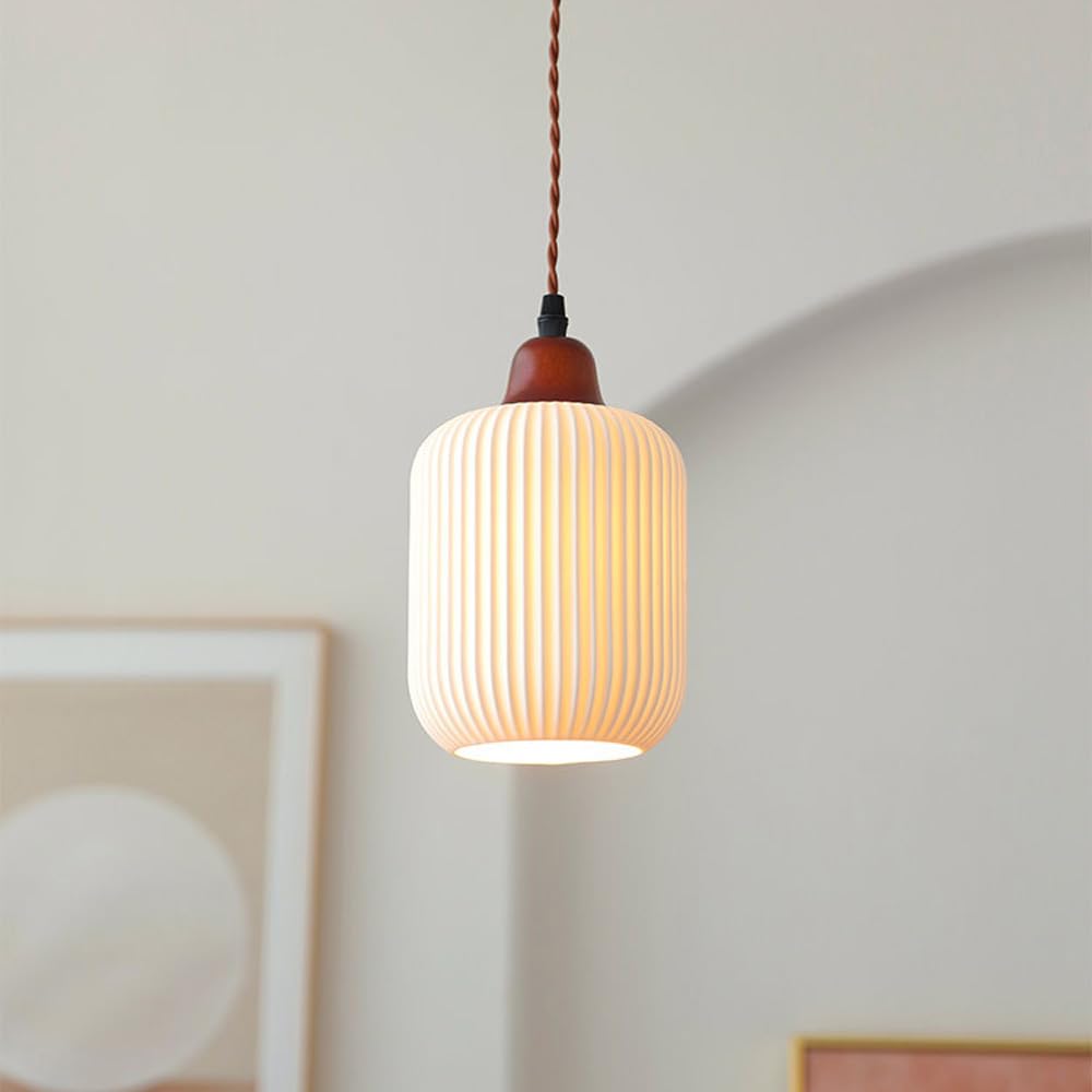 DONHEK White Ceramic Pendant Light Kitchen Island Hanging Lamp Wood Drop Ceiling Lighting Fixture with Ribbed Ceramics Shade Dining Table Lights Bedroom Bedside Suspended Lamps Star of Light