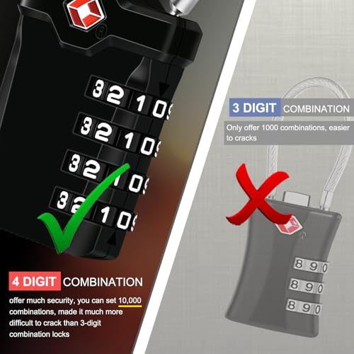 TSA Luggage Locks, 2 Packs, 4-Digit Combination Lock Security Padlock Travel Lock, with 14cm Flexible Cable for Suitcase Luggage Backpack School or Gym Cabinet, etc. (Black)4