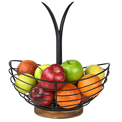 Moderner Bauernhaus-Obstkorb mit Bananenhalter für Küchentheke, Vintage-Draht und Holzsockel, Obstschale & Bananenaufhänger für Küche, Arbeitsplattendekoration, Bananenbaum & Obstständer Cover