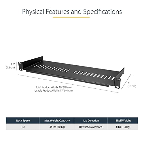 Image of StarTech.com 1U Server Rack Shelf - Universal Vented Rack Mount Cantilever Tray for 19 inch Network Equipment Rack & Cabinet - Heavy Duty Steel - Weight Capacity 44lb /20kg - 7 inch Deep Shelf (CABSHELF1U7V)