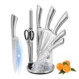 Justup Messerblock mit Messer Set, 8-TLG Profi Küchenmesserset mit Ergonomischen-Griff, Scharf Edelstahl Messerset Set für die Küche mit Scherenschleifer (Silber)