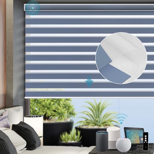 SmartWings Motorized Zebra Shades with Valance Work with Homekit Thread Alexa Z-Wave Smart Dual Layer Shades with Remote Control, Automatic Horizontal Window Blind, 90% Blackout 95mm Astrid Blue