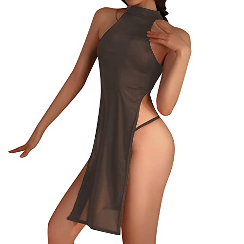 Unterwäsche für Damen, transparenter Spitzenhals, langes Kleid, Pyjamas, Cheongsam-Anzug Lingerie Damen (Grey, One Size)