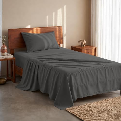 Image of LANE LINEN 100% Organic Cotton Bedsheet for Single Bed - Charcoal | GOTS Certified, Percale Weave, 60x90 inches, Soft & Breathable, Machine Washable, Includes 1 Pillow Cover