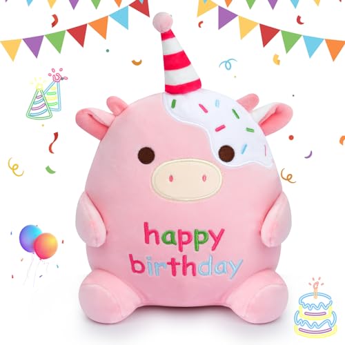 QAUJERY Happy Birthday Plush Toy, 8Inch Cute Cow Stuffed Animals, Soft Birthday Plush, Kawaii Stuffed Cow Doll Home Party Decoration Gift for Kids Boys Girls