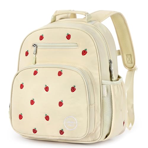 mibasies Girls Backpacks Ages 5-8: Quilted Backpack for Kids - Cute 15 Inches Bookbag for Kindergarten Elementary School Strawberry Beige
