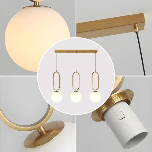Image of 3 Light Modern Pendant Light Fixtures Mid Century Chandelier White Globe Glass Pendant Lights Vintage Brass Hanging Lamp for Kitchen Island Bedroom Dining Room