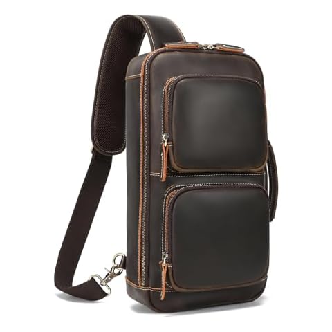 LANNSYNE 3 in 1 Vintage Full Grain Leather Chest Sling Bag fits 12.9" iPad/14 Laptop Crossbody Daypack Rucksack Shoulder Messenger Bag for Men Cover