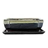 Exotenherz - Bonsai-Schale mit Unterteller Gr. 4 - Sonderglasur mit edlem Farbverlauf-Effekt - rechteckig G117 - schwarz-weiss - L 25,5cm - B 19,5cm - H 8,2cm