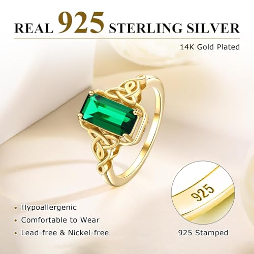 Celtic Knot Ring Sterling Silver 14K Yellow Gold Plated Lucky Trinity Emerald Cut Engagement Rings Amethyst/Peridot/Aquamarine/Ruby/Blue Topaz/Green Emerald/Sapphire Solitaire Signet Ring for Women4