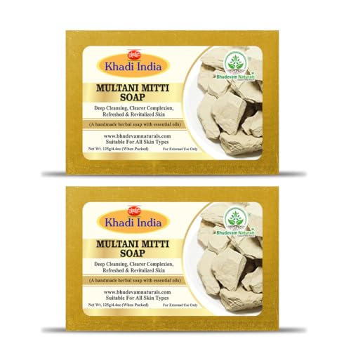 Image of Khadi Organic and Natural Multani Mitti Soap for Oily & Acne-Prone Skin | Deep Cleansing Herbal Bathing Bar with Fuller's Earth | Radiant Skin & Glowing Skin By Bhudevam Naturals | Suitable for All Skin Types - Pack of 2