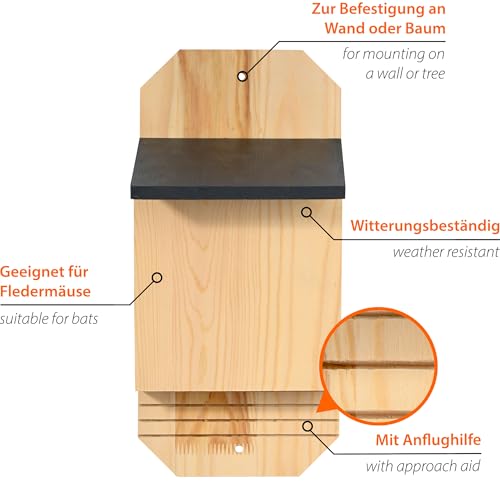 dobar® Green Label Fledermauskasten Microchioptera aus Holz, unbehandelt - Massive Nisthöhle für Fledermäuse zum Aufhängen - Fledermaus-Unterschlupf - Anthrazit