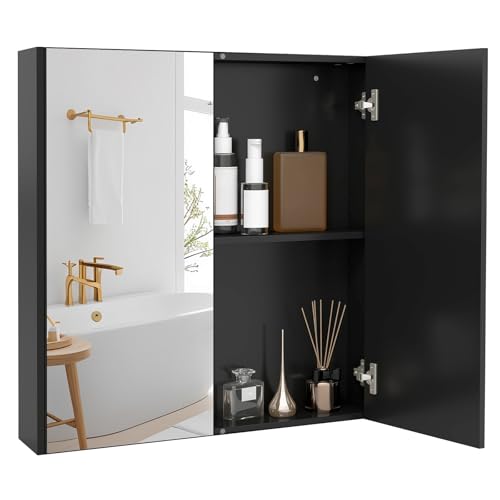COSTWAY Spiegelschrank Bad, Wandschrank Badezimmerschrank mit Spiegel, Hängeschrank Badezimmerspiegel Holz für Badezimmer, 62 x 11,5 x 65cm (Schwarz)