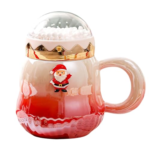 PLUSHCEWT Christmas Coffee Mug, Gradient Colour Ceramic Tea Cups, Christmas Mug with Lid and Gift Box, 500ml (Red)