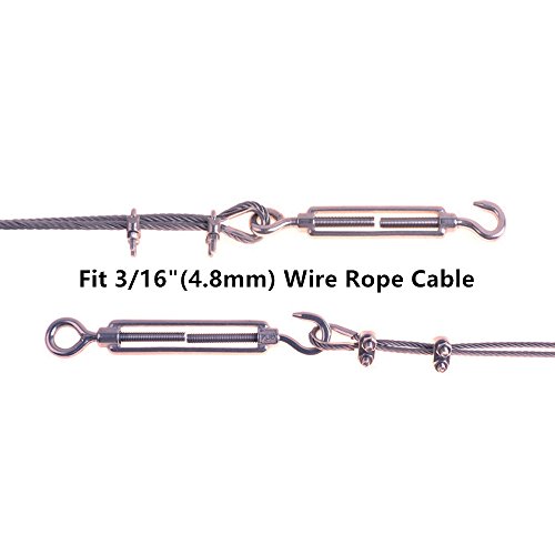 Eowpower 2Pcs M8 Turnbuckle/Tension(Hook Eye), 12Pcs 3/16 Inch M5 Wire Rope Cable Clip Clamp And 4Pcs M5 Thimble For 3/16 Inch Wire Rope Cable, Stainless Steel Kit #TOP4