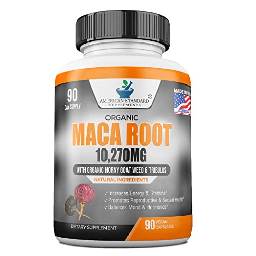 Maca Root Capsules Organic 10270mg with Maca Powder, Tribulus, Horny Goat Weed, Zinc Citrate, Hormone Balance for Women & Men, Reproductive Health, Energy & Stamina, 90 Vegan Capsules, 90 Day Supply