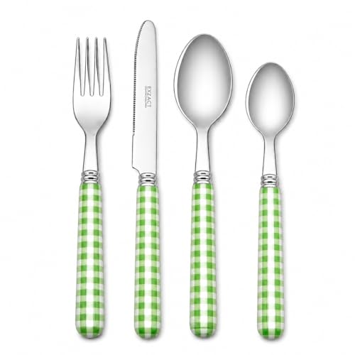 EXZACT Set Posate 24 Pezzi Acciaio Inox con Manici Colorati, Servizio per 6 Persone, Motivo a Quadretti