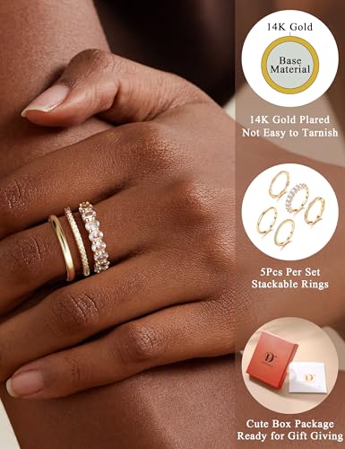 dochais 5pcs stackable gold silver rings for women non tarnish dainty cubic zirconia rings 14k gold plated minimalist wedding band rings set trendy statement stacking rings size 5-10