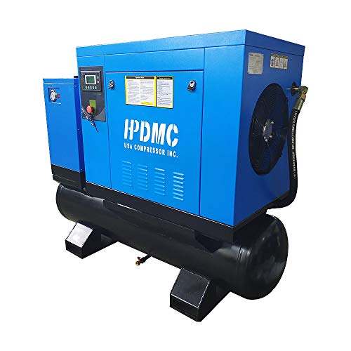 HPDMC Rotary Screw Air Compressor With Tank & Refrigerated Dryer - 10HP/ 39CFM@125PSI / 208-230V / 60Hz / 1-Phase/ASME 80 Gallon All-in-One Side Industrial Air Compressed System
