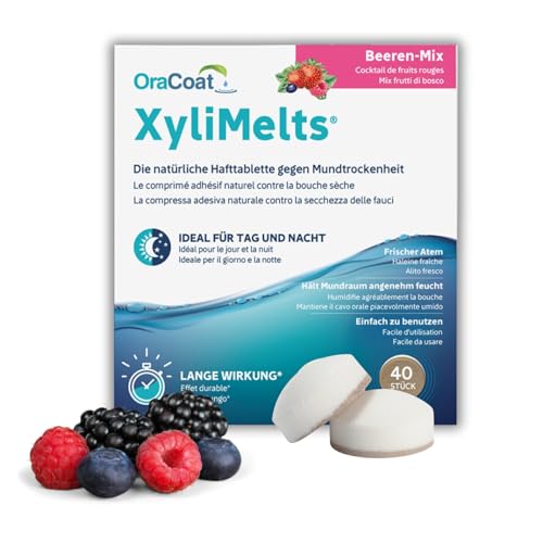 XyliMelts Beeren-Mix 40 Stück - Hafttabletten gegen nächtliche Mundtrockenheit - befeuchten im Schlaf den Mund 4-8 Stunden - mit Xylitol - dezenter Beeren-Geschmack - gegen trockenen Mund