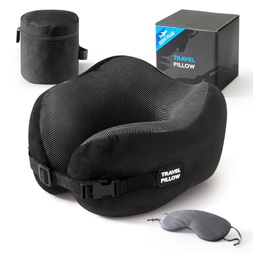 Image of Neck Pillow Travel Pillow - 100% Pure Memory Foam Airplane Pillow with Adjustable Clasp & Removable Cover, Portable Travel Essentials for Long Flights, Car & Office (Black, with Eye Mask)