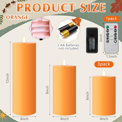 Image of Retisee 3 Pcs 6 /8 /12 Inches Orange Flameless LED Candles with Remote and 2 /4 /8h Timer Battery Operated Wax Flickering Candles for Fall Gatherings, Thanksgiving Harvest Pumpkin Seasonal Home Decor